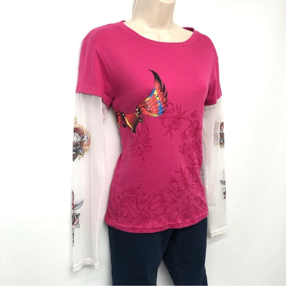 Feathers Pink Sheer Sleeve Tattoo Shirt - image 2